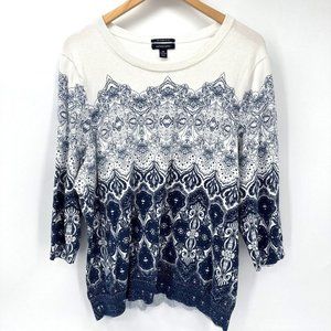 Lands' End White and Navy Ombre Paisley Crewneck Sweater